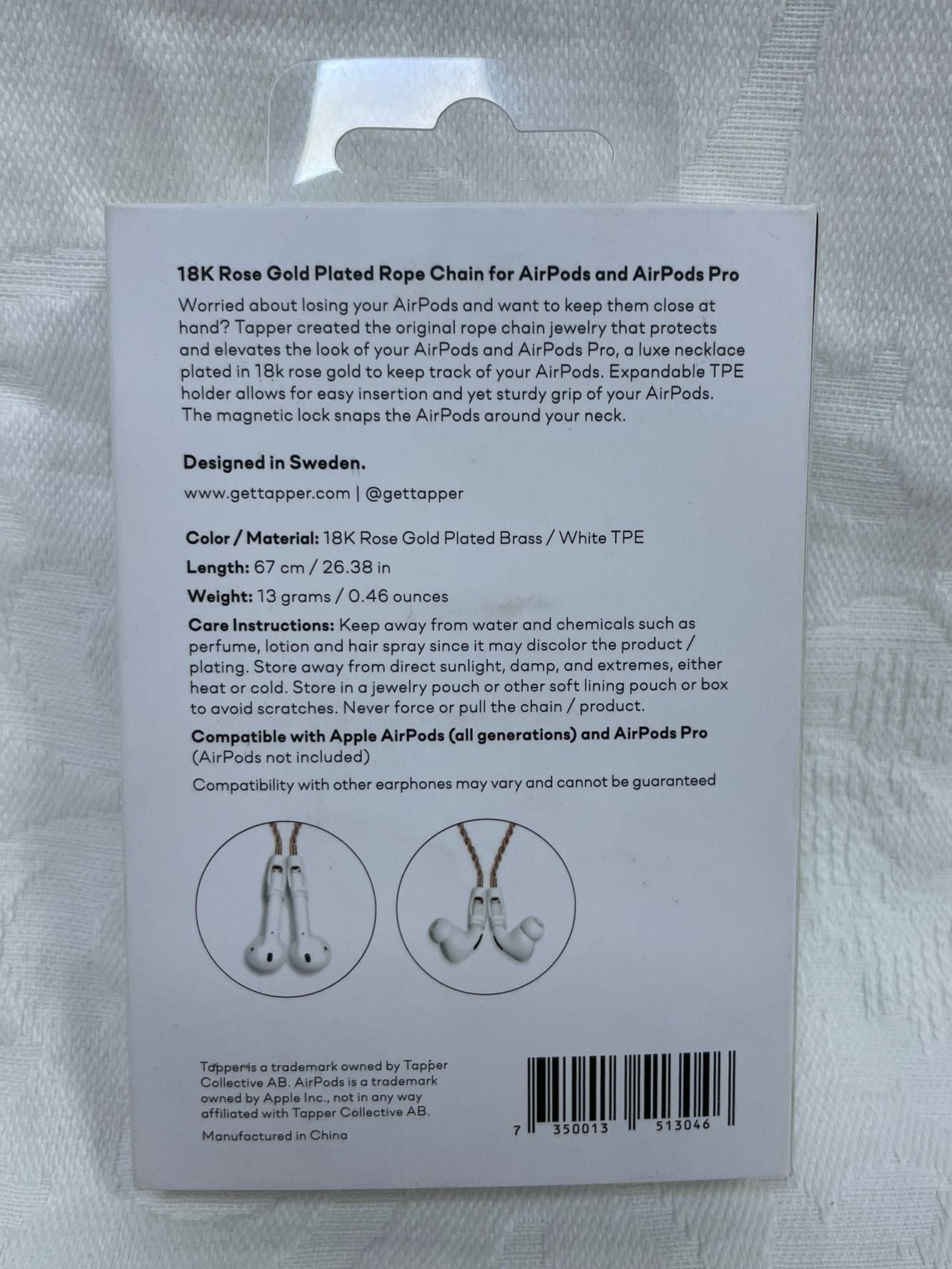 NEW Tapper Brand Air-Pods/Pro Headphones 18K Rose Gold Plated Strap/Wire In Box