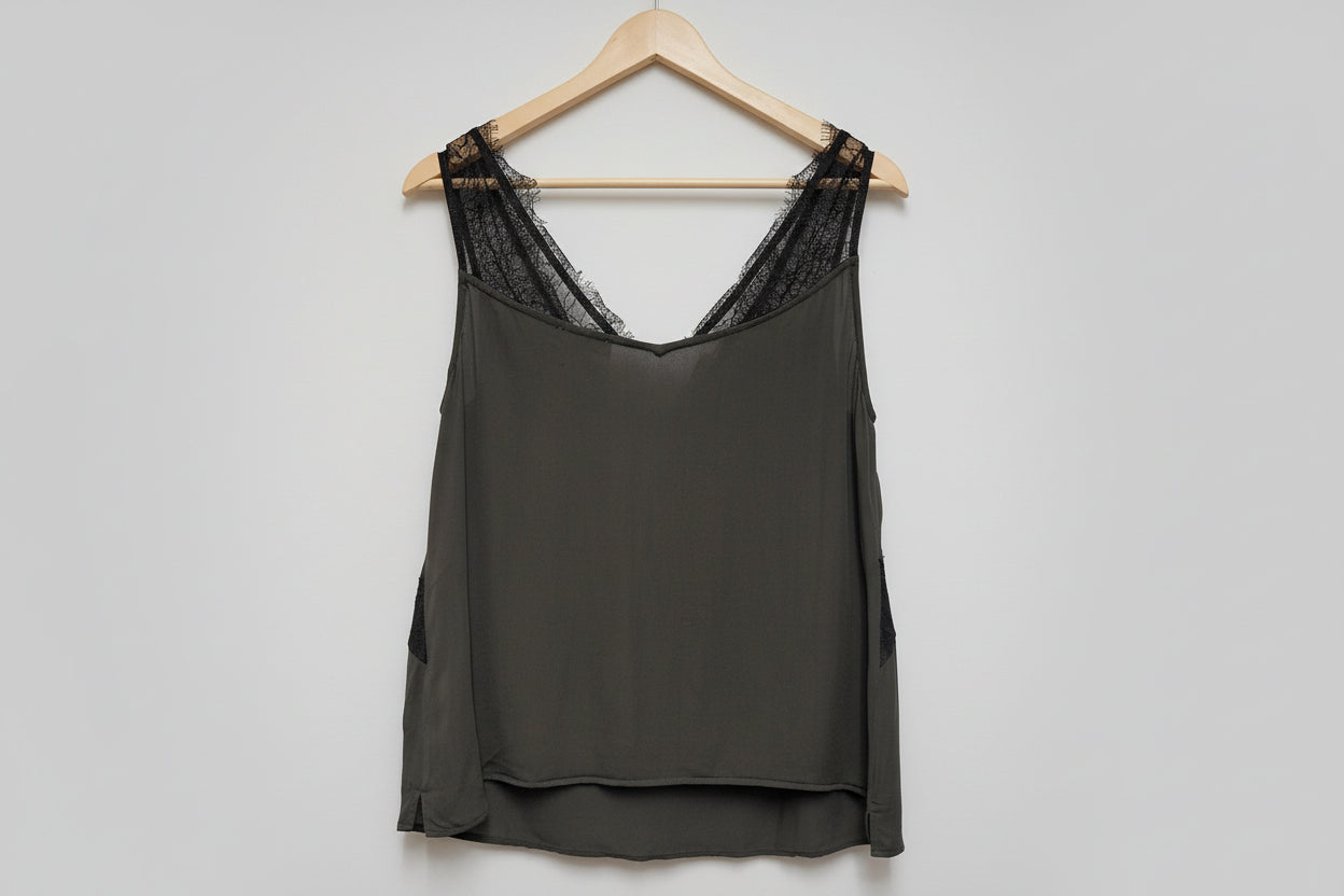 Mint Velvet Green & Black Lace Strap Camisole Vet Top UK 14 EU 42