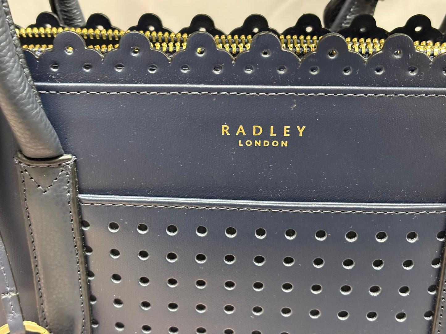 Radley Shoulder and Hand Bag Navy Blue Gold Metalwork Dustbag