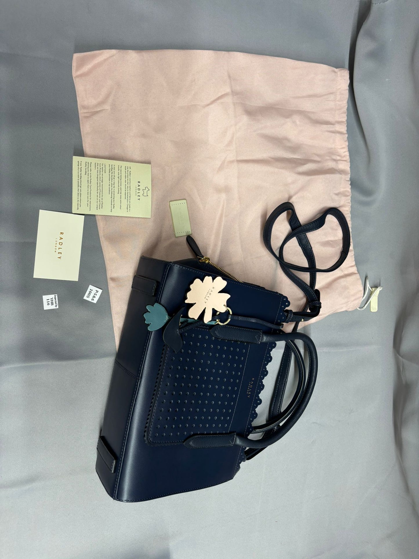 Radley Shoulder and Hand Bag Navy Blue Gold Metalwork Dustbag