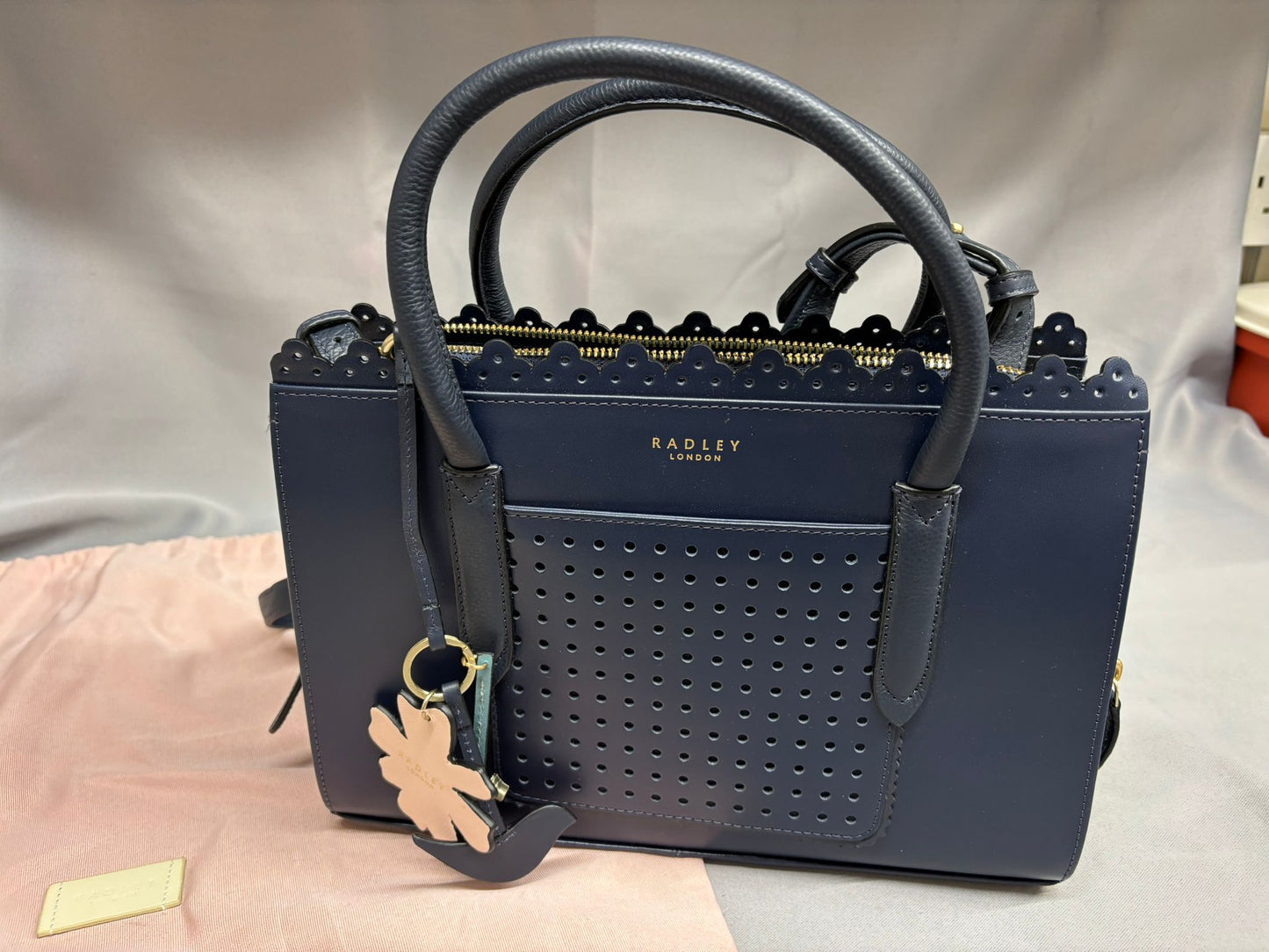 Radley Shoulder and Hand Bag Navy Blue Gold Metalwork Dustbag