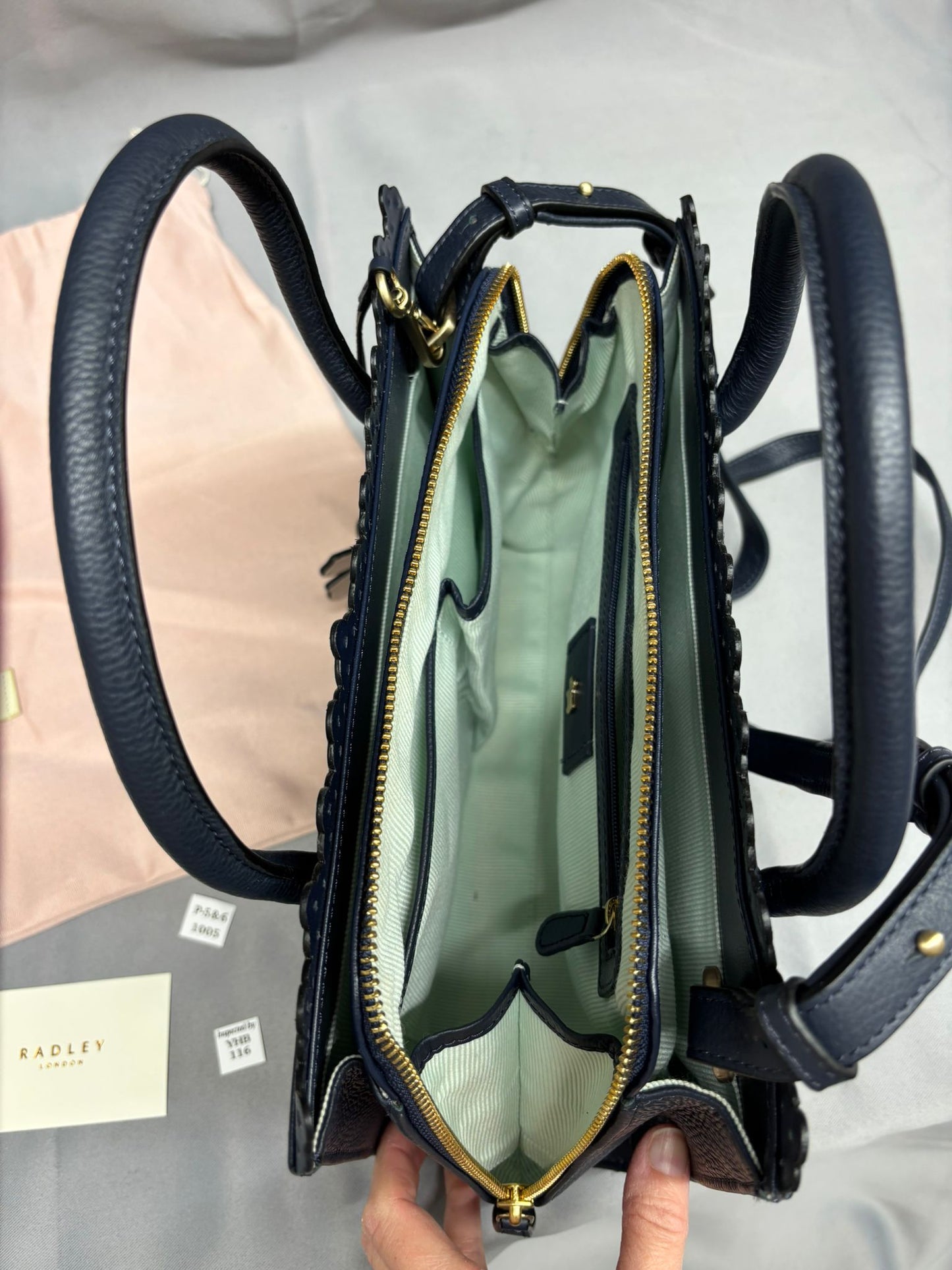 Radley Shoulder and Hand Bag Navy Blue Gold Metalwork Dustbag