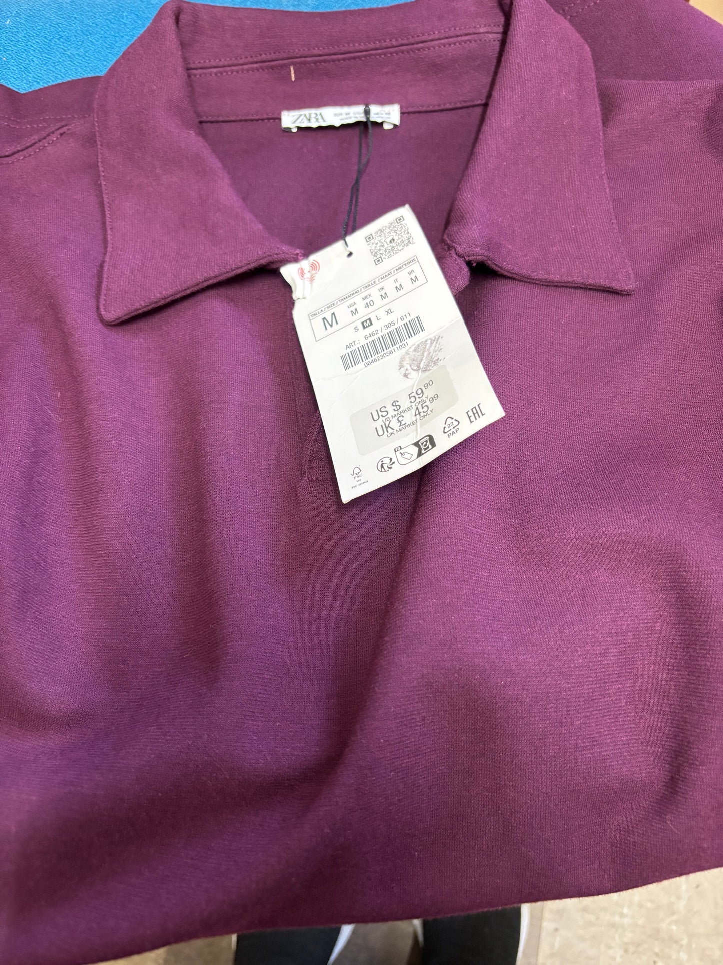 Mens Zara long Sleeved Purple Polo Shirt size M