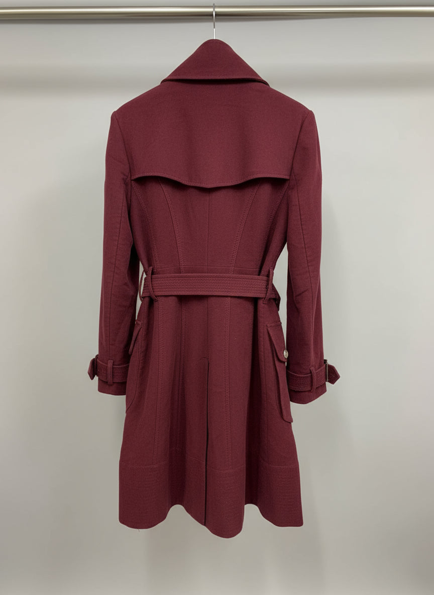 KAREN MILLEN - Burgundy Size 12 Belted Funnel Neck Trench Coat