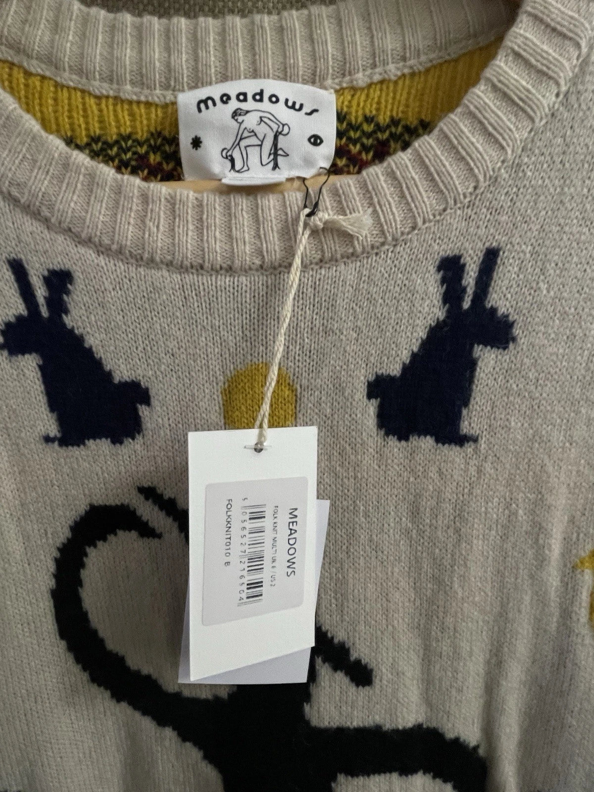 BNWT MEADOWS Jacquard-Knit Wool Sweater UK 6 EU 34 Cream Abstract Print New