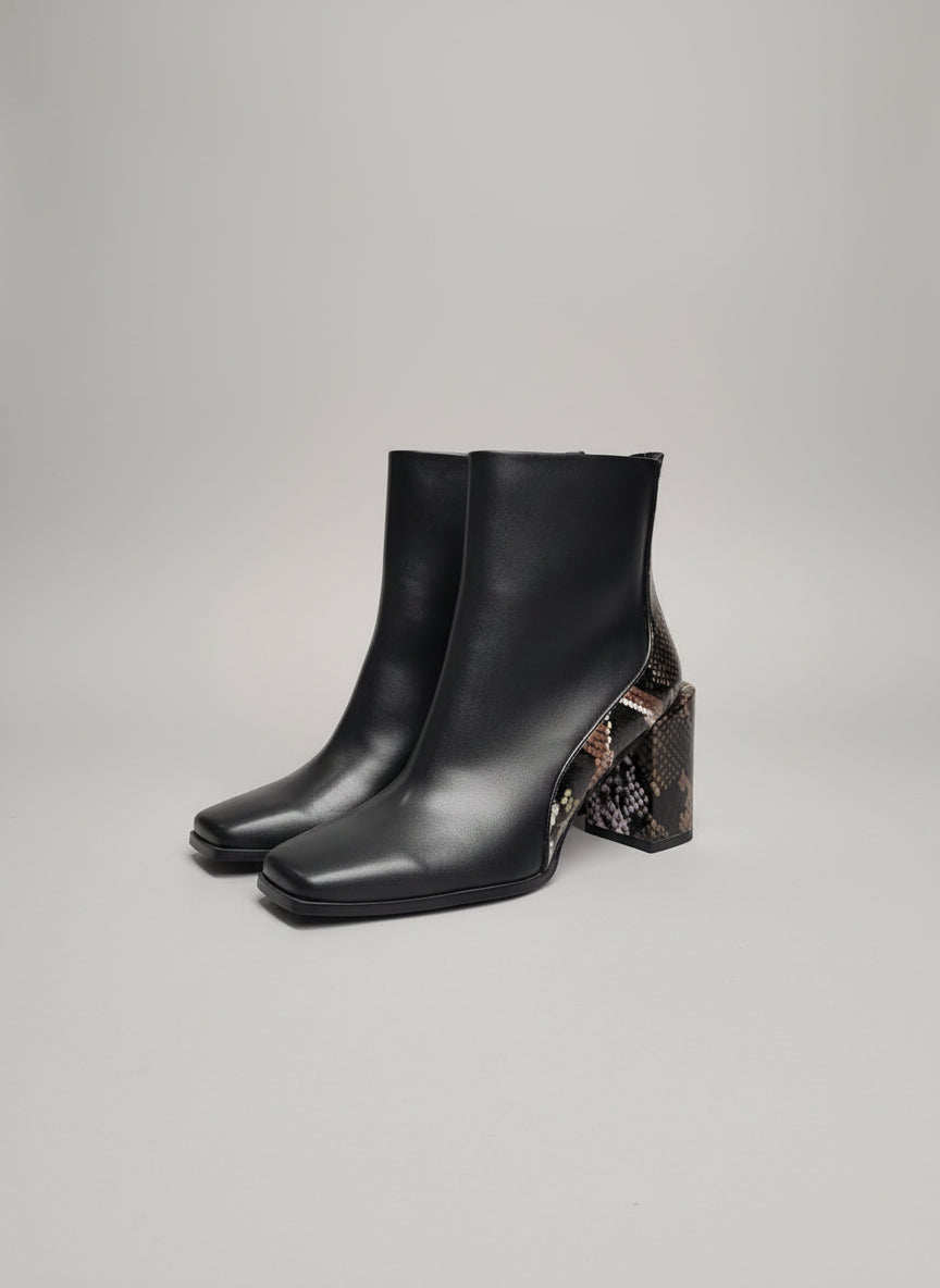 Ladies Moda In Pelle Black Leather Heels Boots UK 7 EU 40 Snakeskin Heel