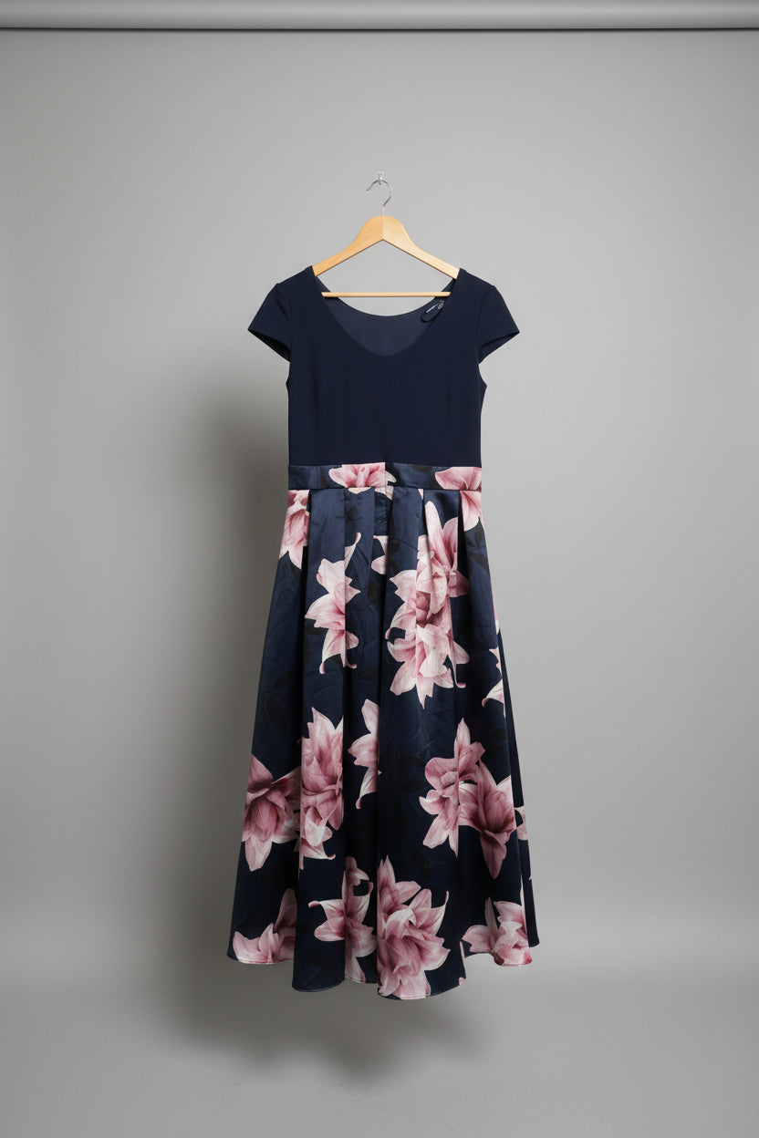 BNWT Gina Bacconi High-Low Dress Navy with Pink Florals UK 16 RRP £250