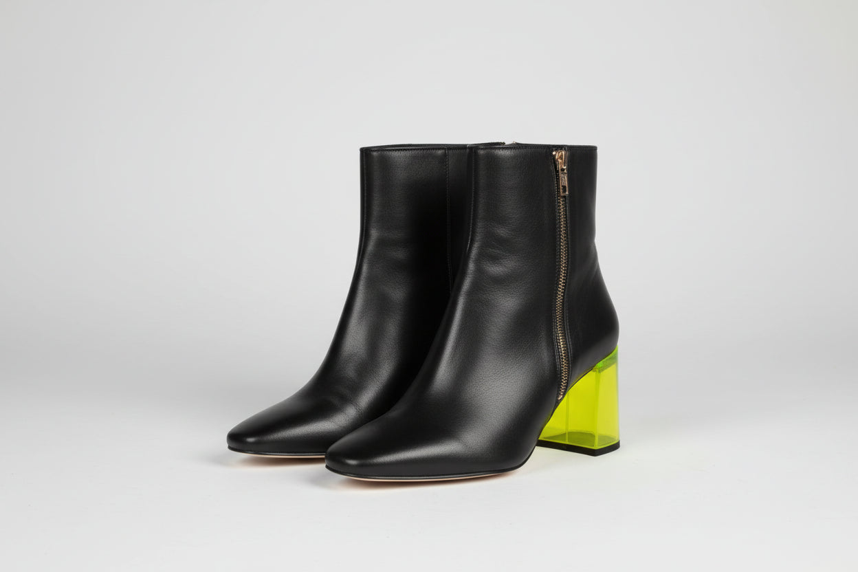 NUBIKK Black Ankle boots - Green Perspex Block Heels - Size 7.5 - In GOOD USED CONDITION