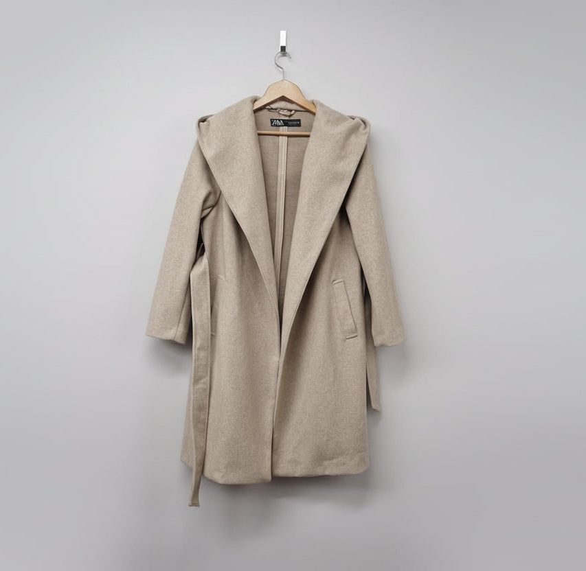Zara (M) Hooded Belted Wrap Coat Beige Size Medium