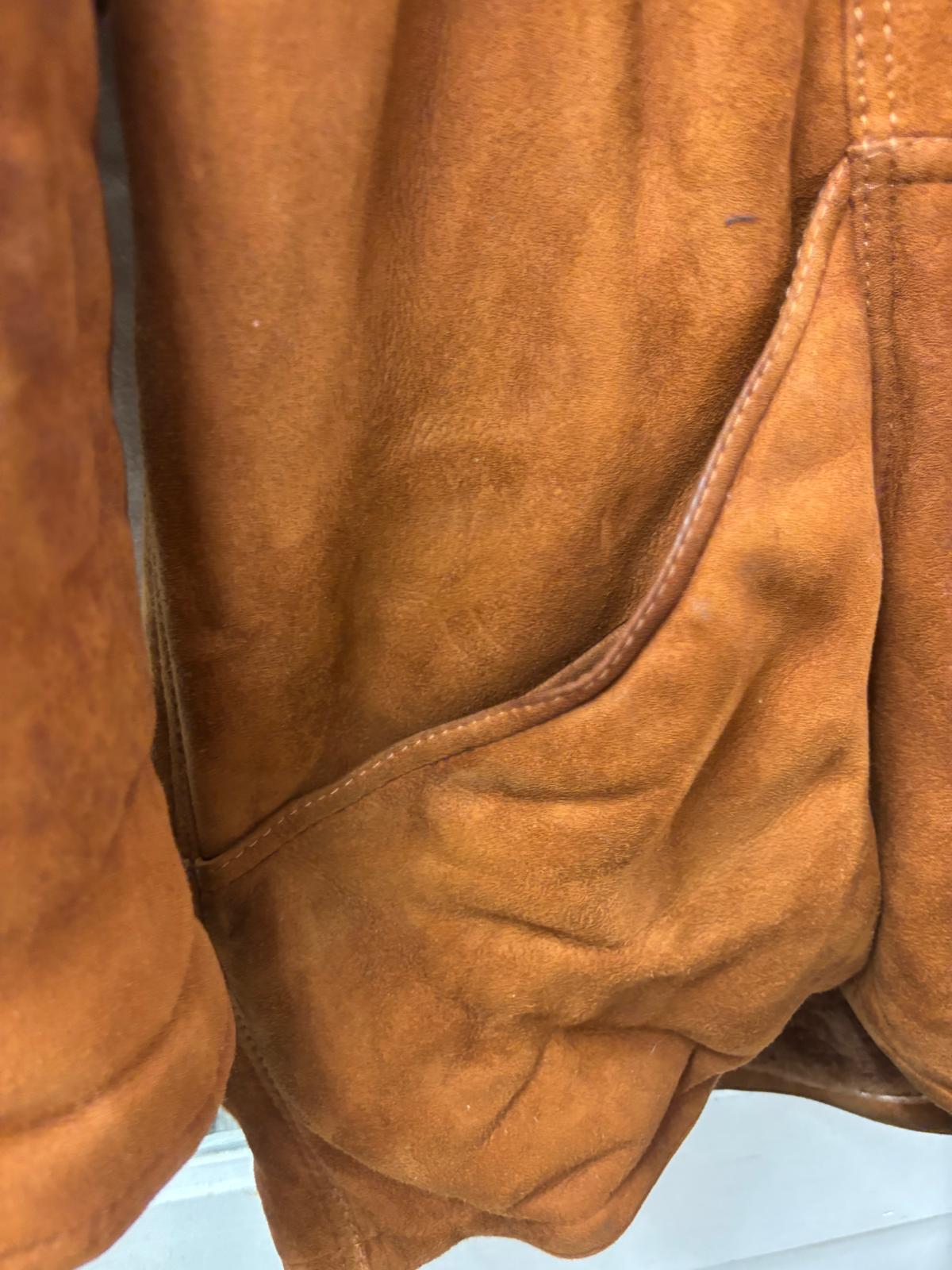 Close-up of a brown leather jacket with visible stitching