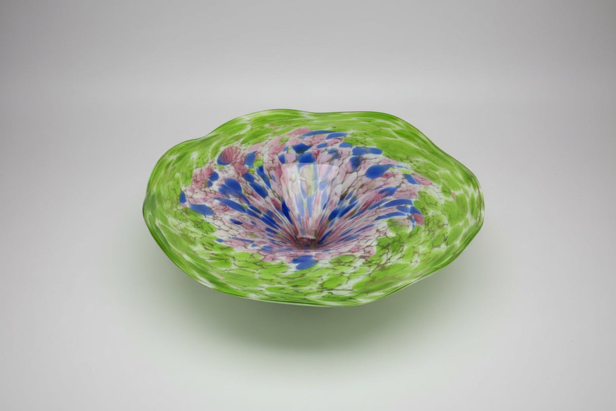 Murano flared glass bowl, decorative art green, blue, pink ruffled