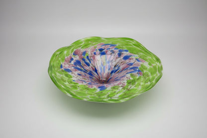 Murano flared glass bowl, decorative art green, blue, pink ruffled