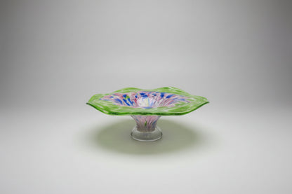 Murano flared glass bowl, decorative art green, blue, pink ruffled