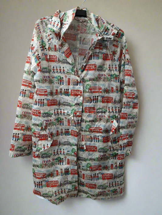 Cath Kidston London Rain Jacket Women's L Hooded Travel Coat Bus Print in Bag