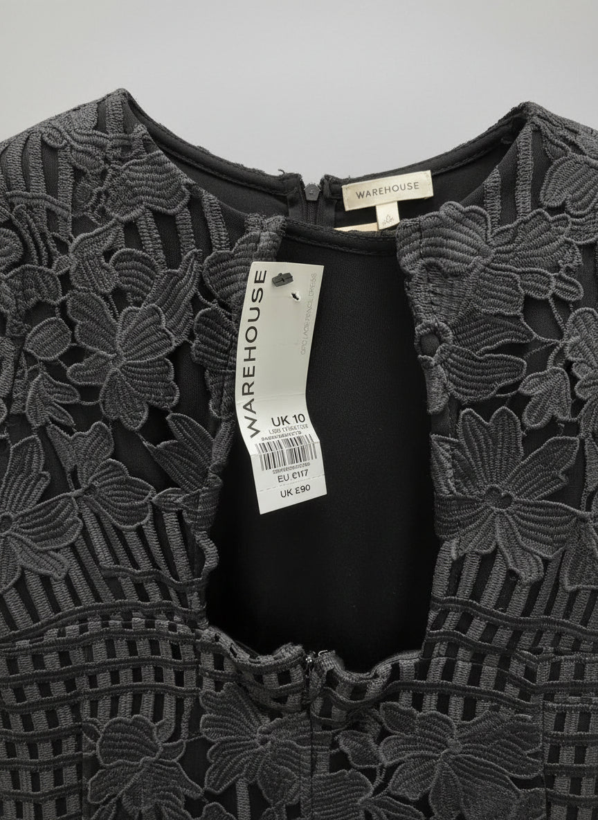 Warehouse Black Laser-Cut Dress UK 10 EU 38 Midi Work Formal