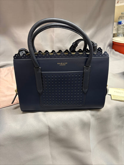 Radley Shoulder and Hand Bag Navy Blue Gold Metalwork Dustbag