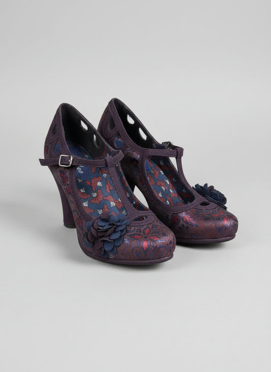 Ruby Shoo Valerie in Aubergine Heels UK 5 EU 38 Floral Buckle T-Bar