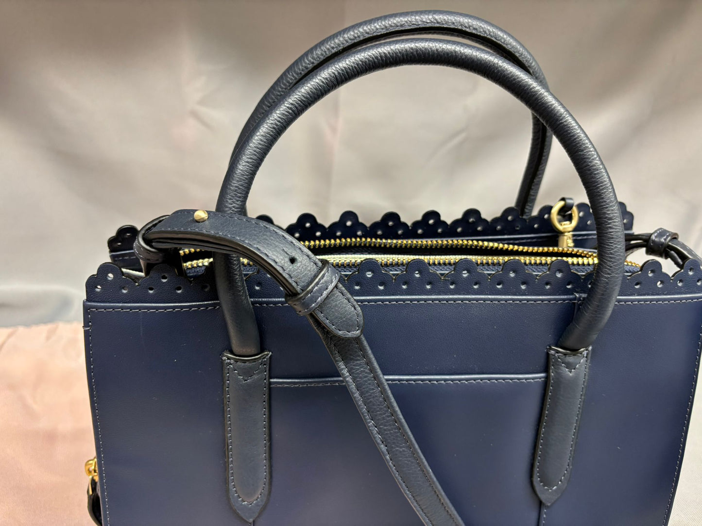 Radley Shoulder and Hand Bag Navy Blue Gold Metalwork Dustbag