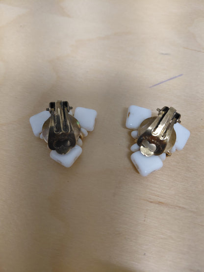 Vintage Milk White Glass Clip On Earrings