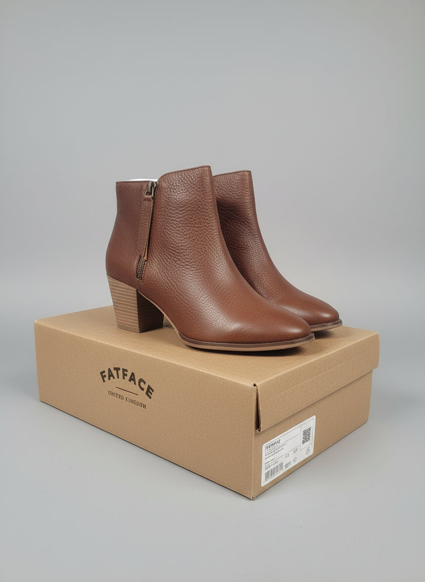 BNIB Fat Face Acorn Brown Ankle Boots UK 8 EU 41 Leather Heeled Zipped £75