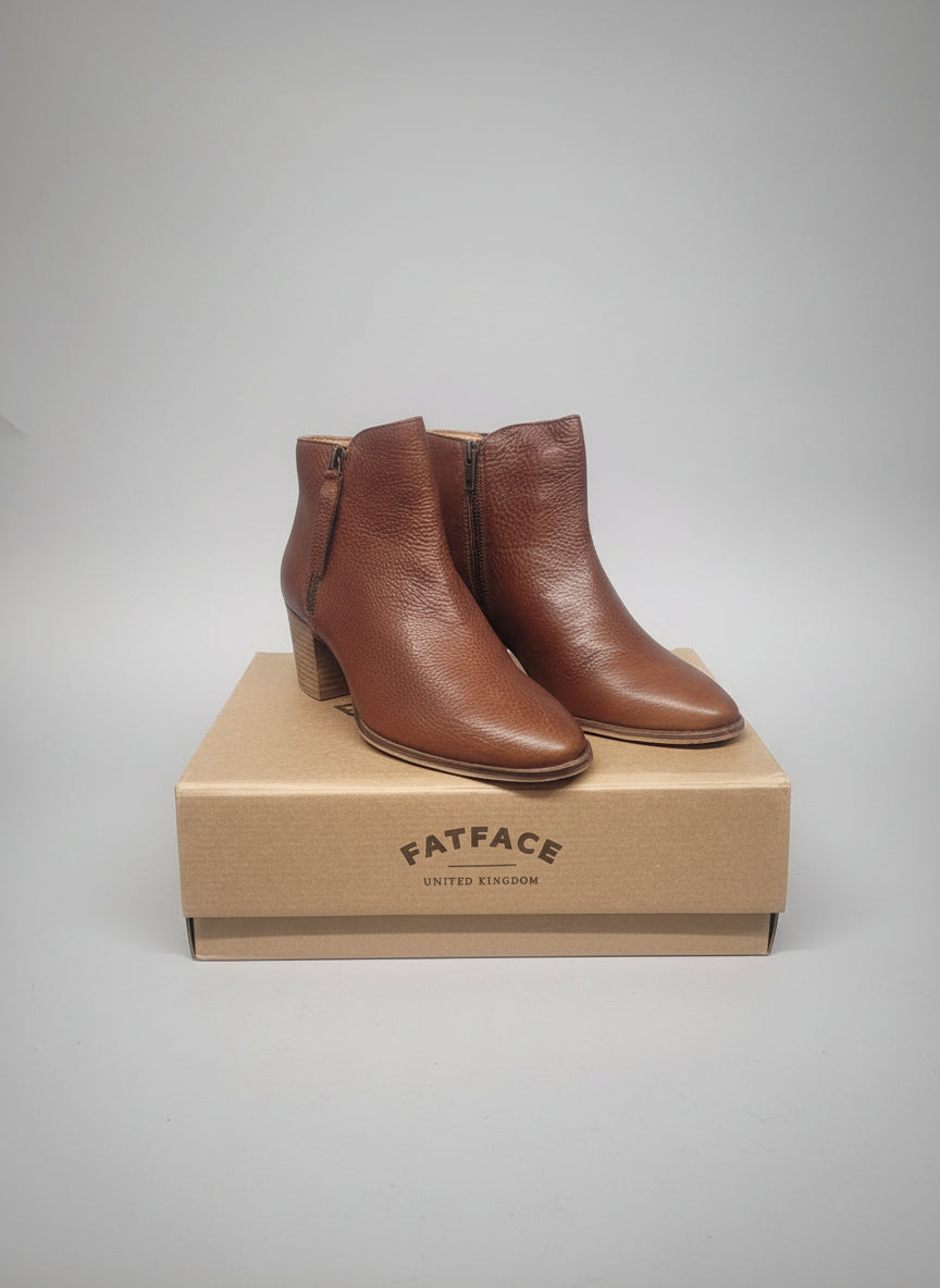 BNIB Fat Face Acorn Brown Ankle Boots UK 7 EU 40 Leather Heeled Zipped £75