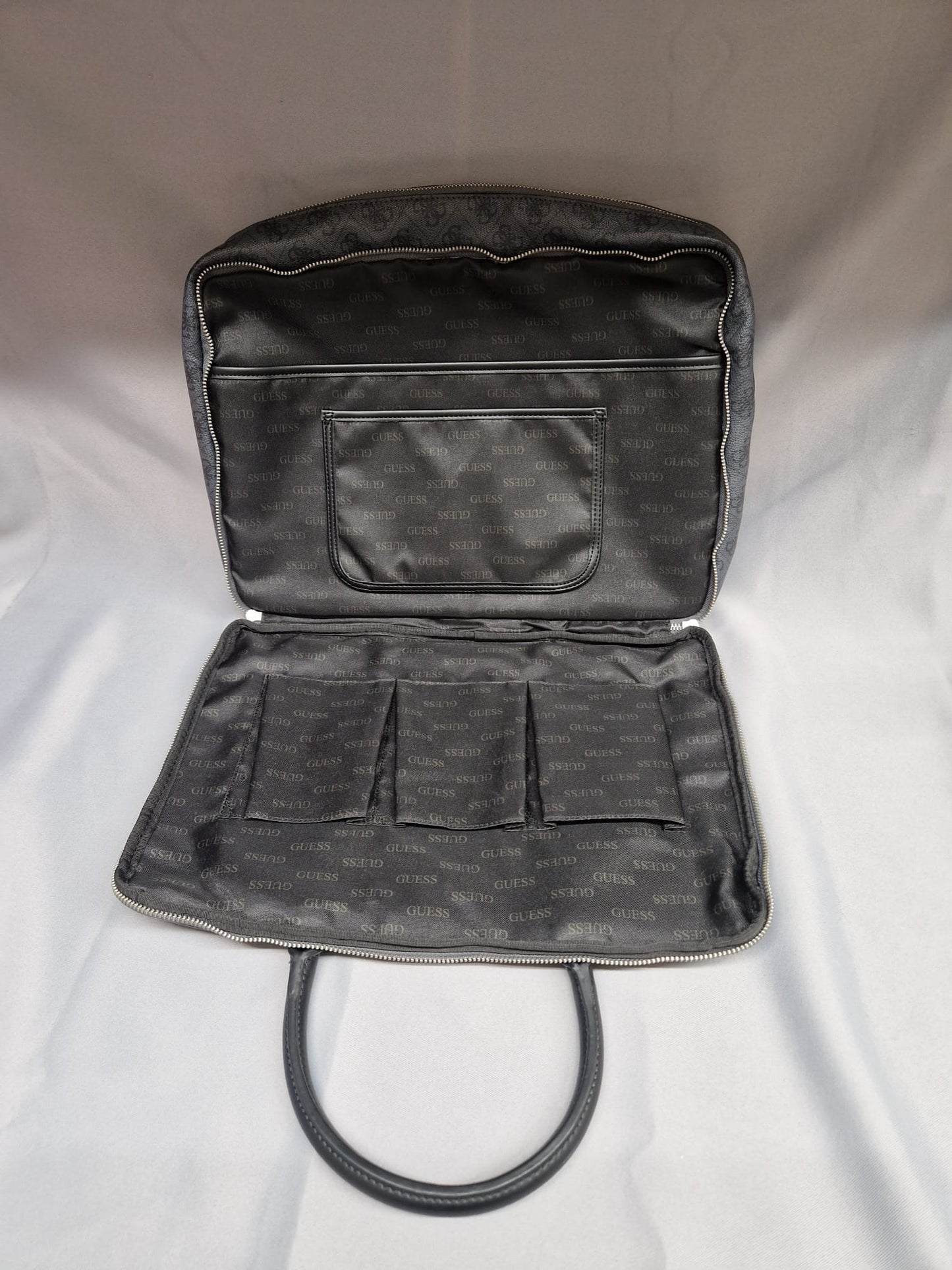 GUESS Grey & Black Printed Double Top-Handle Laptop Travel Weekend Bag - GOOD USED CONDITION