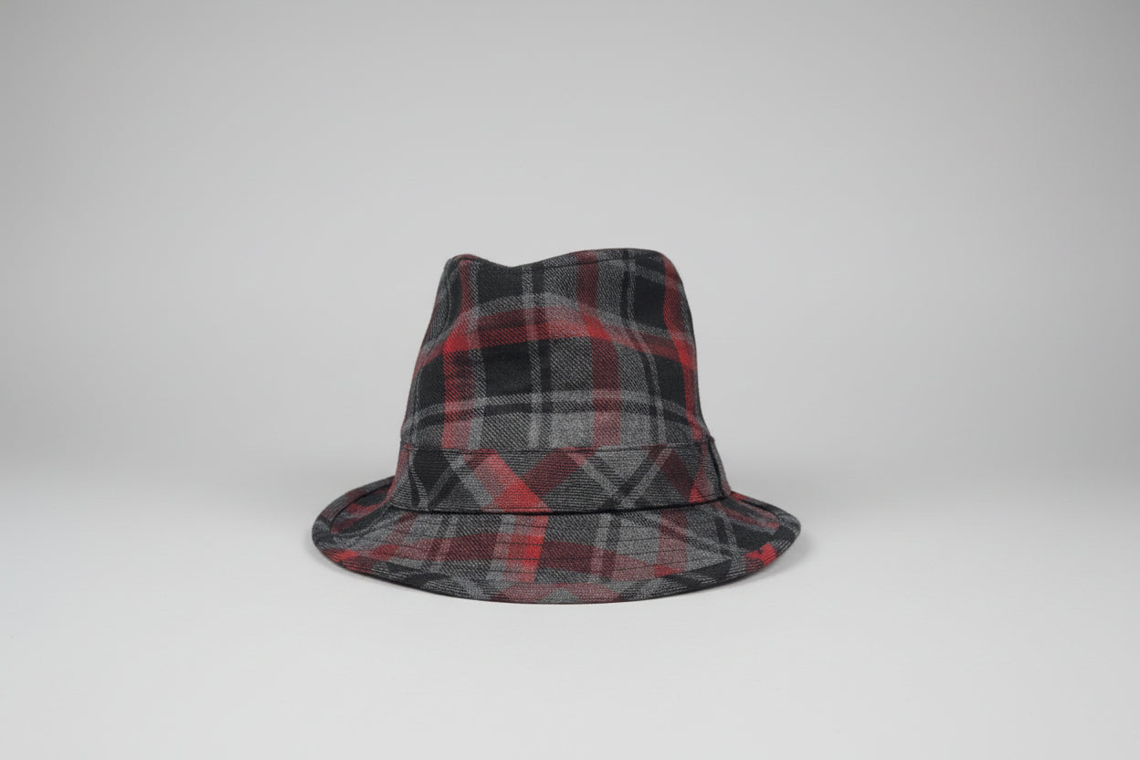 Hackett London Tartan Check Trilby Hat - Grey, Red & Black - 100% Wool - Good Used Condition