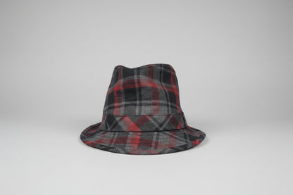 Hackett London Tartan Check Trilby Hat - Grey, Red & Black - 100% Wool - Good Used Condition
