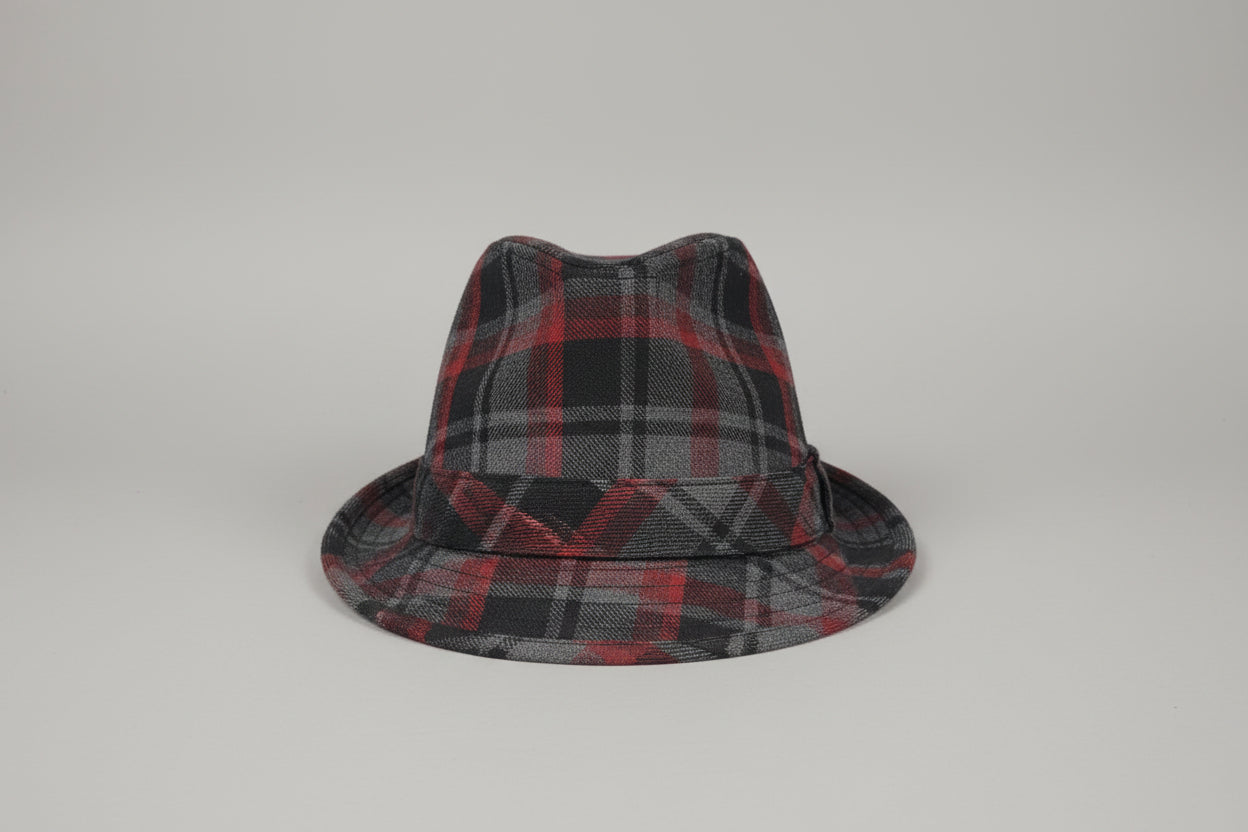 Hackett London Tartan Check Trilby Hat - Grey, Red & Black - 100% Wool - Good Used Condition