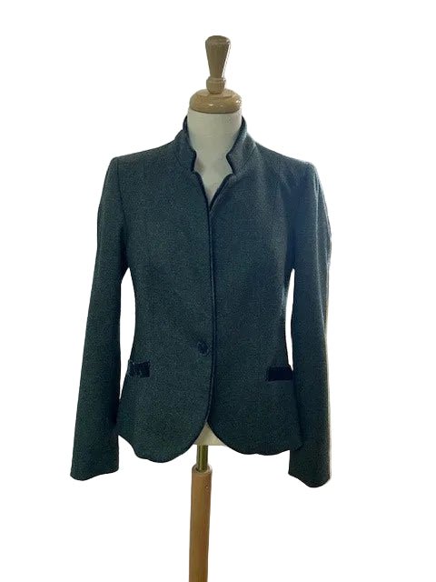 Katherine Hooker Green Pure Wool Jacket Size UK 10 EU 38 With Velvet Buttons & Collar Tweed