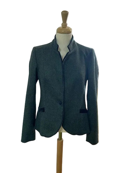Katherine Hooker Green Pure Wool Jacket Size UK 10 EU 38 With Velvet Buttons & Collar Tweed