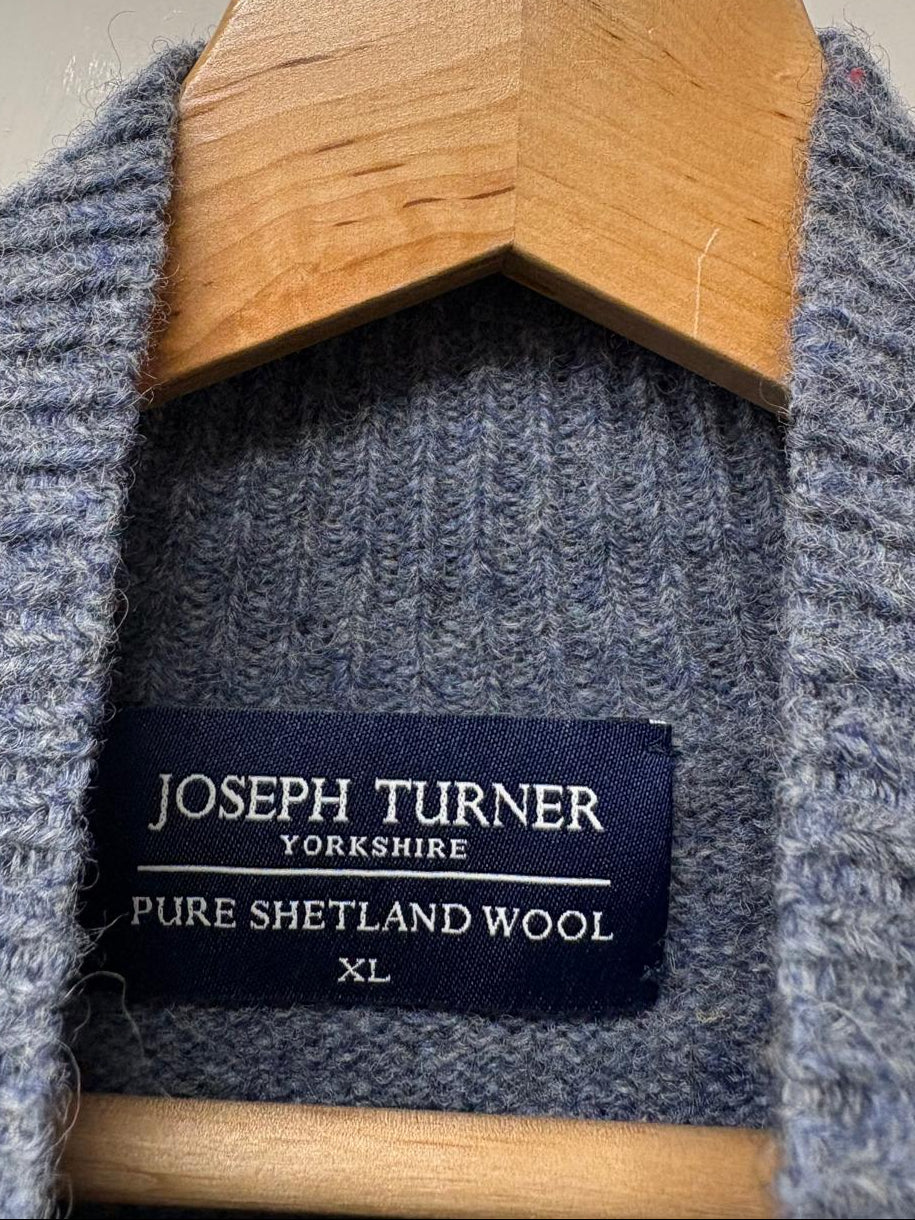 Joseph Turner (XL) Pure Shetland Wool Blue Jumper 1/4 Button Size Extra Large - GOOD USED CONDITION