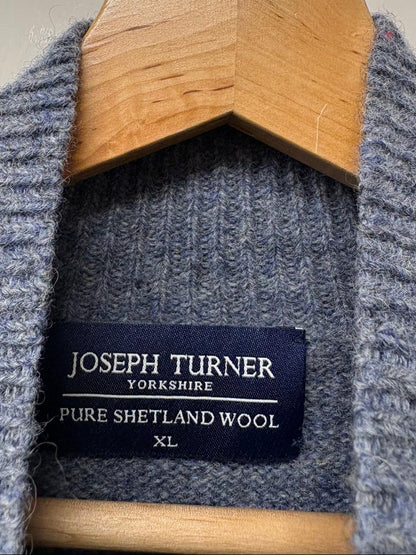 Joseph Turner (XL) Pure Shetland Wool Blue Jumper 1/4 Button Size Extra Large - GOOD USED CONDITION