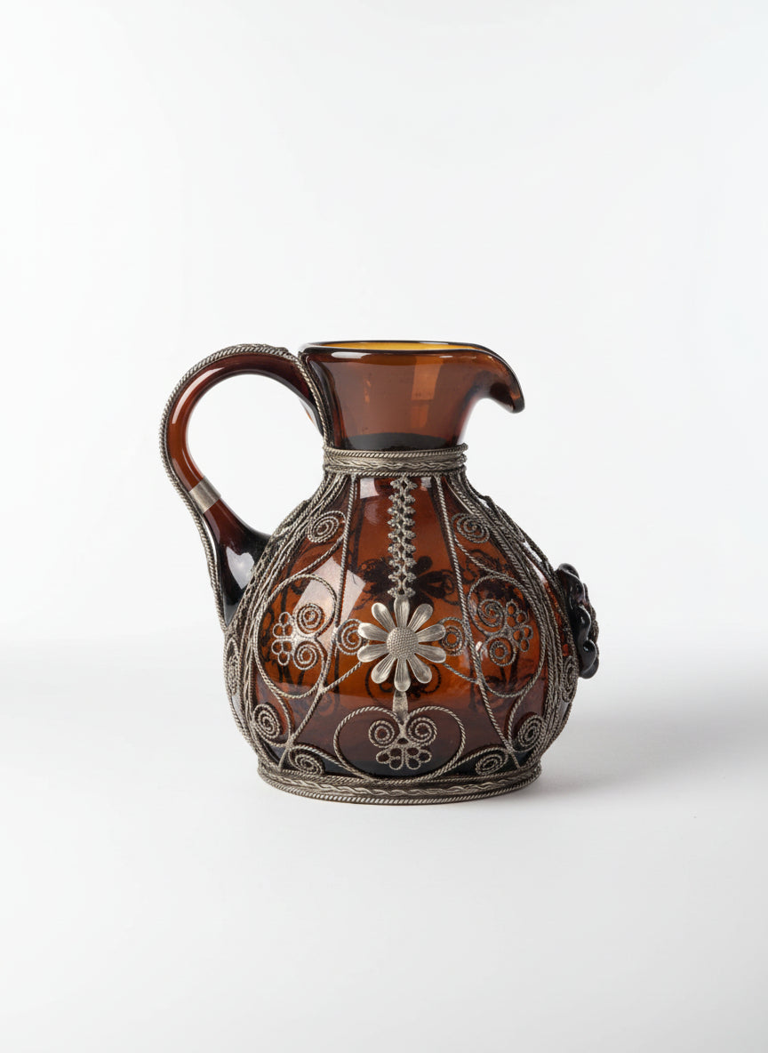 Amber-Rose Hand Blown Glass Pitcher Jug Adorned with Decorative Wire
