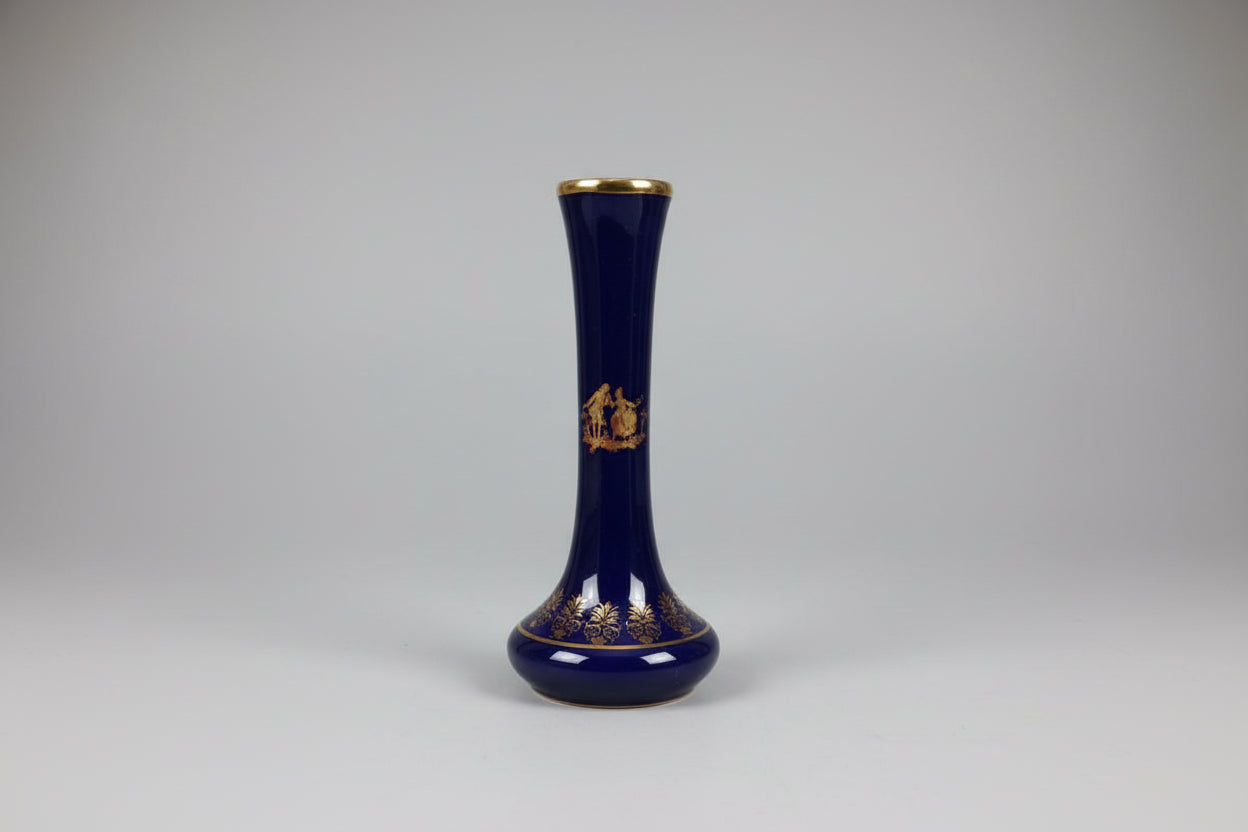 Vintage Limoges France Vase - Blue & Gold - Decorative Tall - Long - GOOD USED CONDITION