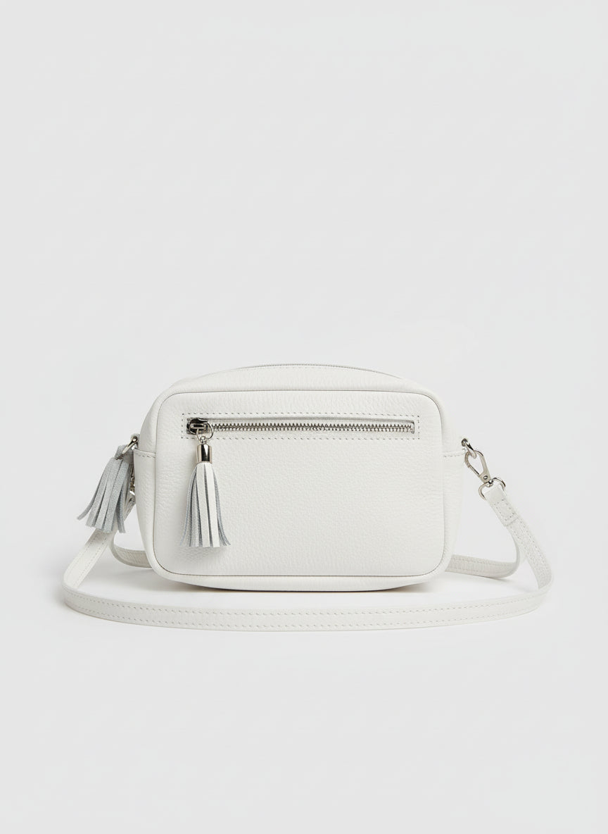 Borse in Pelle White Leather Crossbody Bag Tasselled Shoulder Handbag