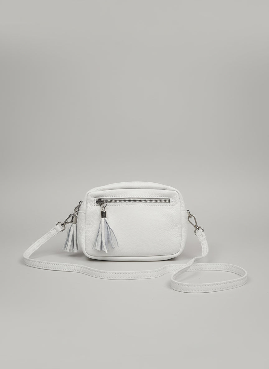 Borse in Pelle White Leather Crossbody Bag Tasselled Shoulder Handbag