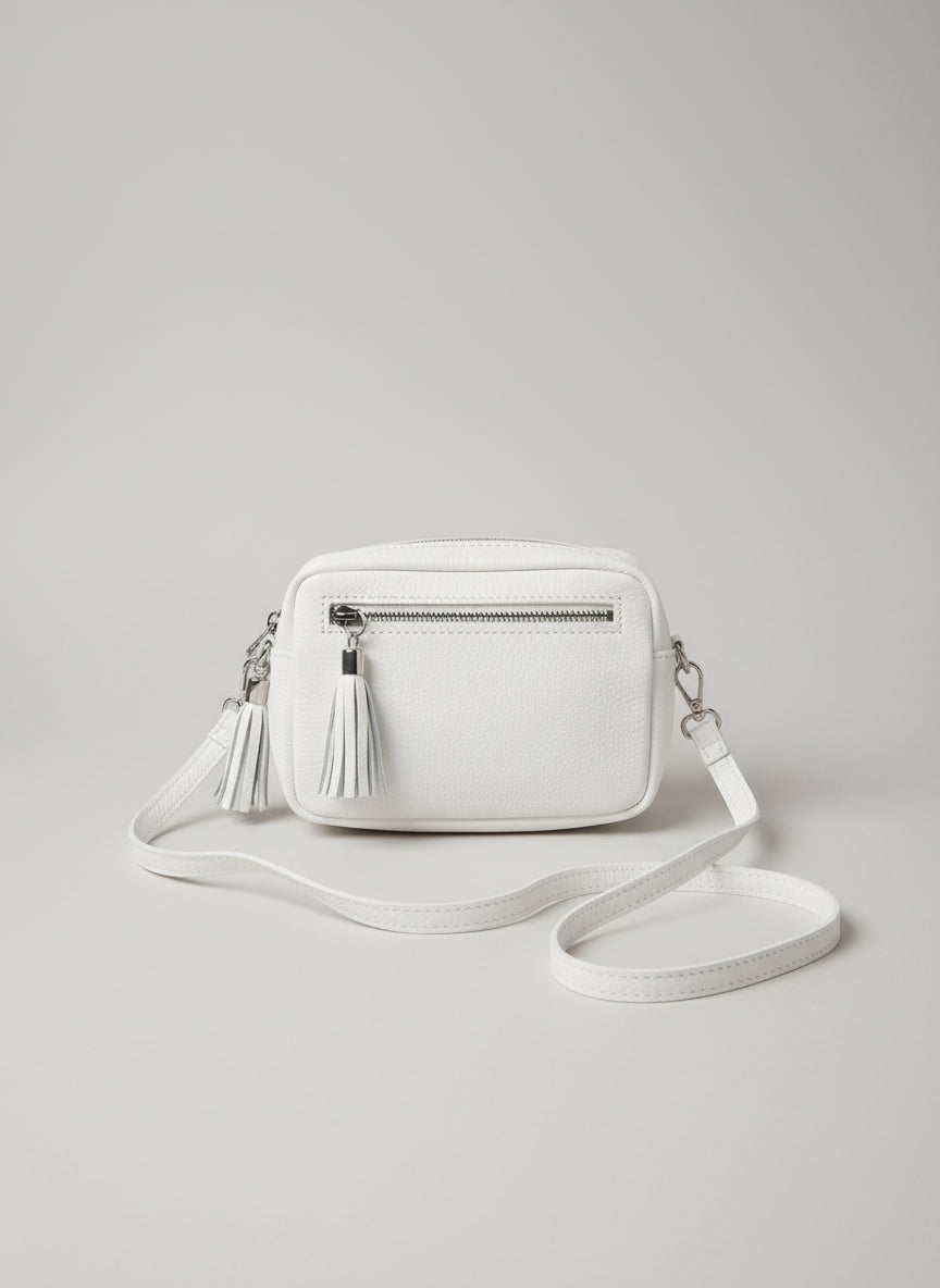 Borse in Pelle White Leather Crossbody Bag Tasselled Shoulder Handbag