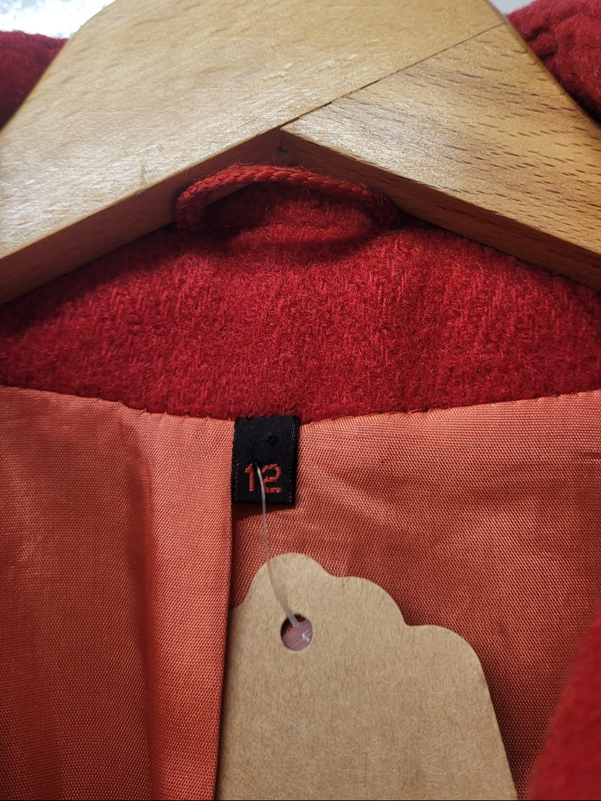 Admyra Red Wool Tweed Coat UK 12 EU 40 Buttoned Midi Long-Sleeve Pure New Wool