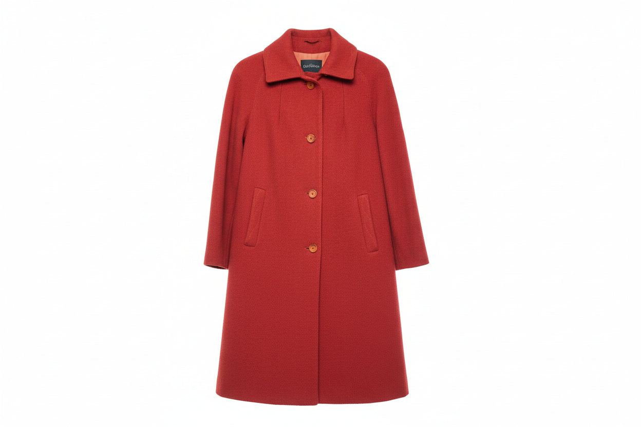 Admyra Red Wool Tweed Coat UK 12 EU 40 Buttoned Midi Long-Sleeve Pure New Wool