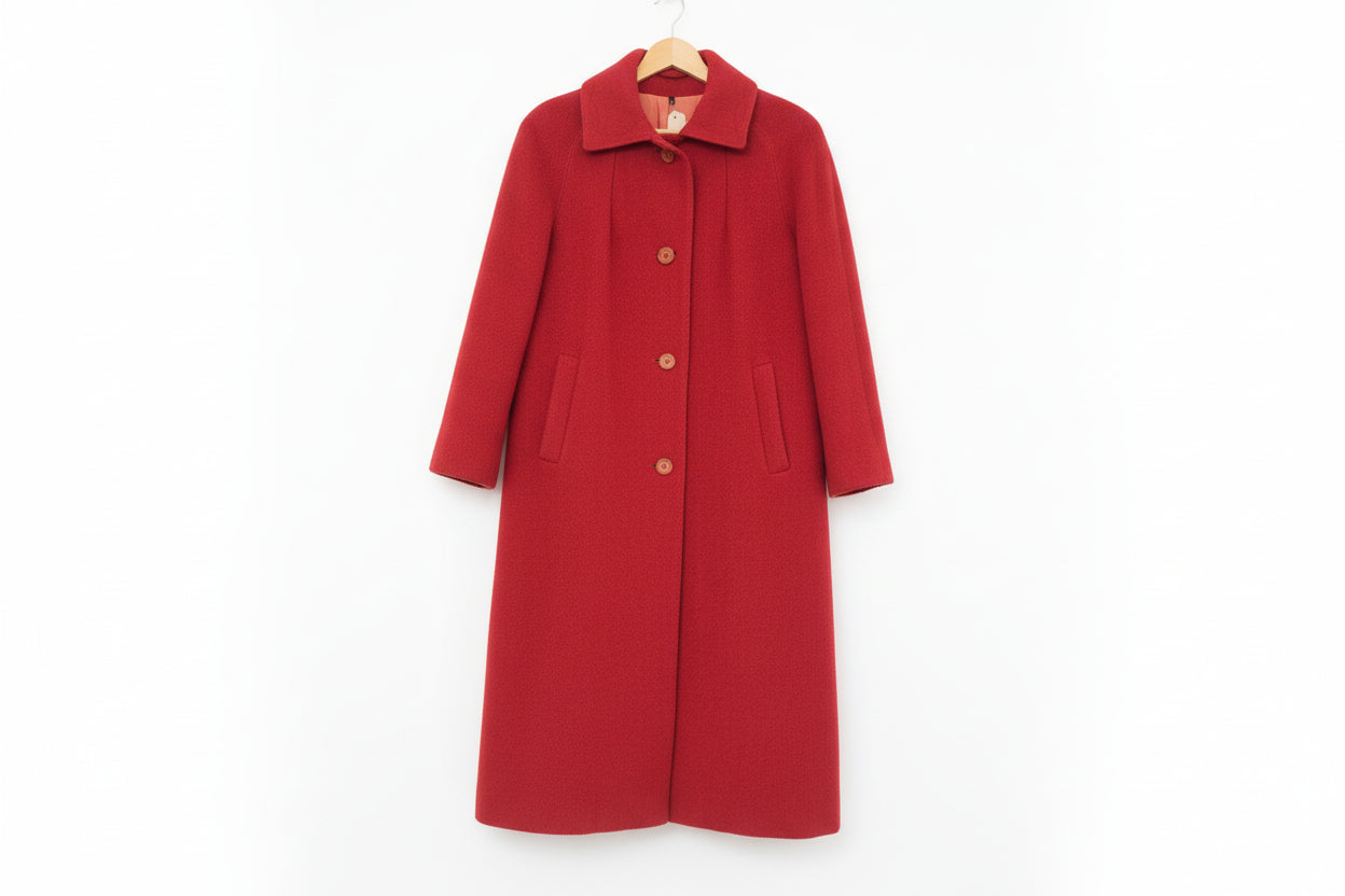 Admyra Red Wool Tweed Coat UK 12 EU 40 Buttoned Midi Long-Sleeve Pure New Wool