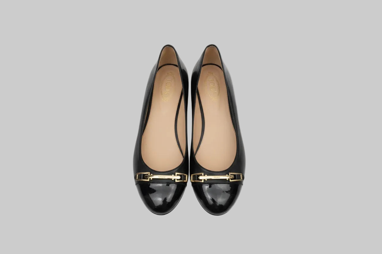 Tods Black Leather Patent Toe-Cap Ballet Flats Pump Shoes - UK 5.5 EU 38.5 - GOOD USED CONDITION