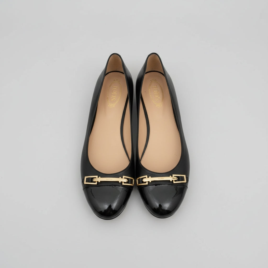 Tods Black Leather Patent Toe-Cap Ballet Flats Pump Shoes - UK 5.5 EU 38.5 - GOOD USED CONDITION