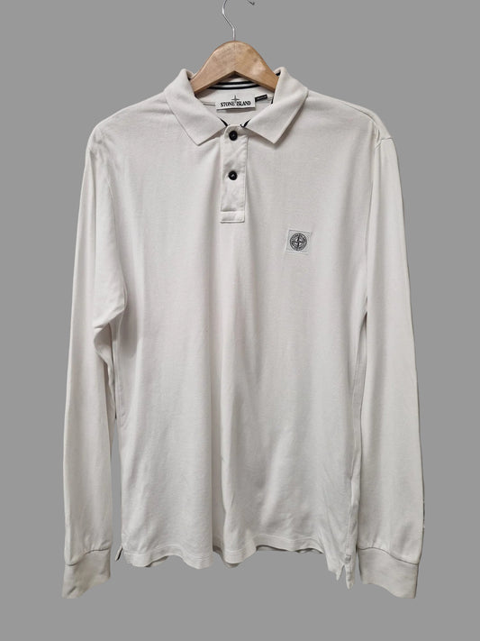 Stone Island White Long-Sleeve Top (XL) Cotton Collared Regular