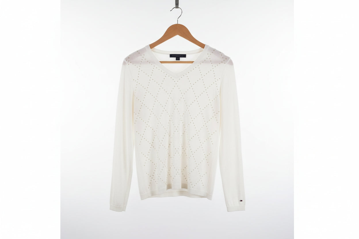 BNWT Tommy Hilfiger White Cotton Jumper (XS) UK 6 8 EU 34 36 Diamante Studded