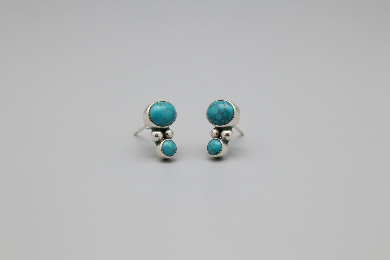 Vintage Sterling Silver Stud Earrings featuring Bezel set Turquoise Cabochons-USED VCG