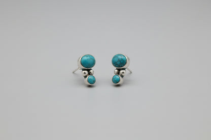 Vintage Sterling Silver Stud Earrings featuring Bezel set Turquoise Cabochons-USED VCG
