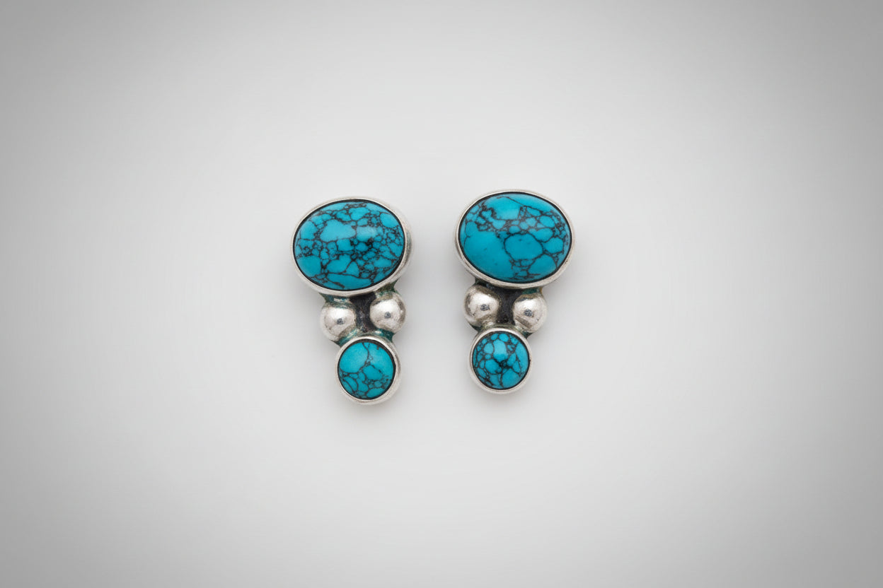 Vintage Sterling Silver Stud Earrings featuring Bezel set Turquoise Cabochons-USED VCG
