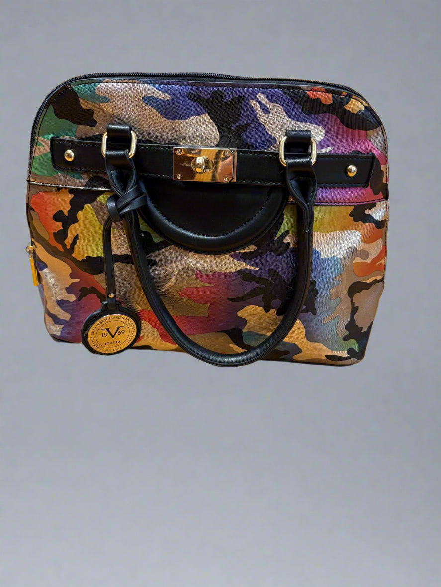 Versace Rainbow Army Metallic Print Handbag Double Handle