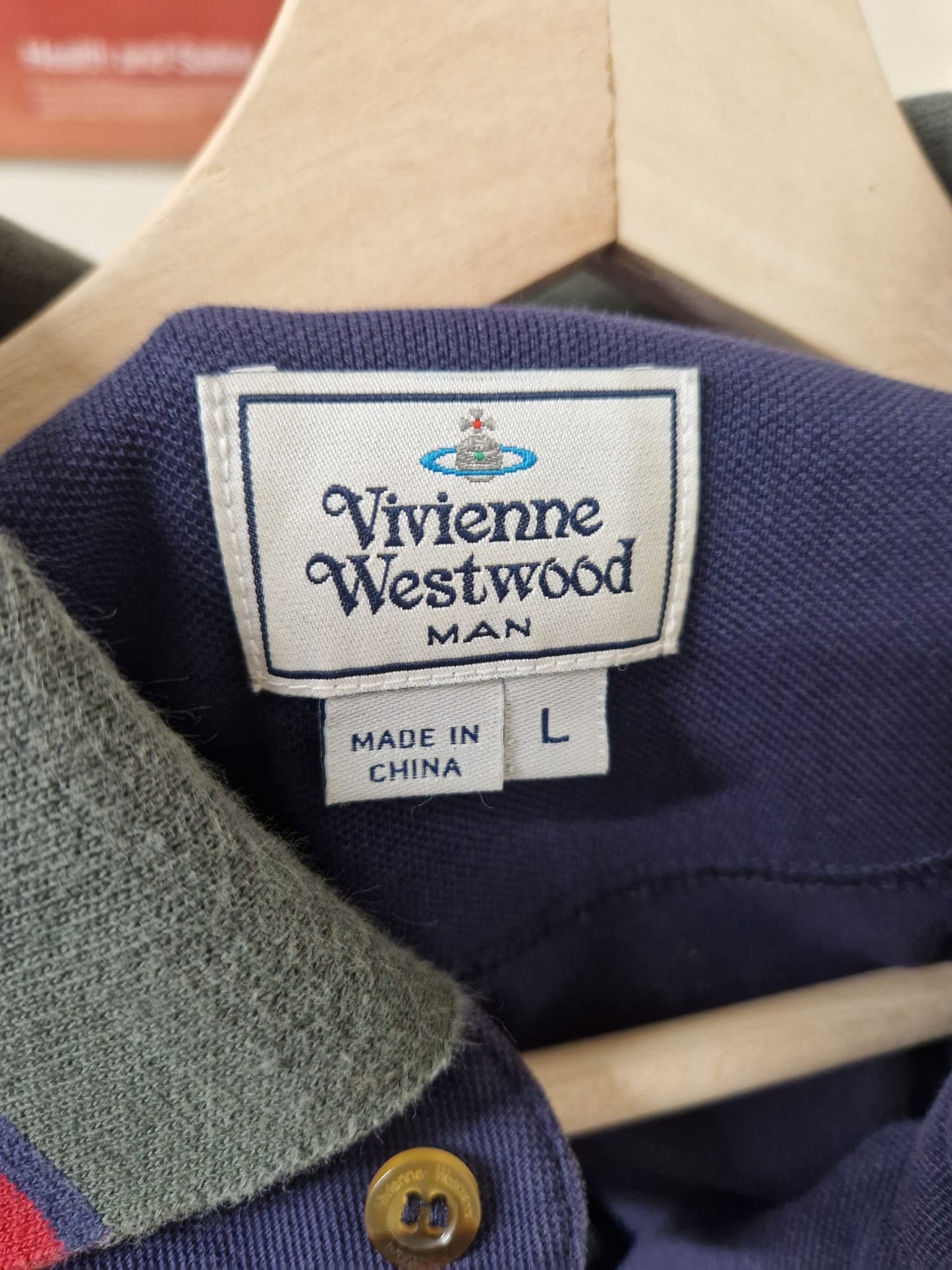 Vivienne Westwood Polo Top (L) Navy-Blue Striped Collared Orb Stitched Cotton-Blend